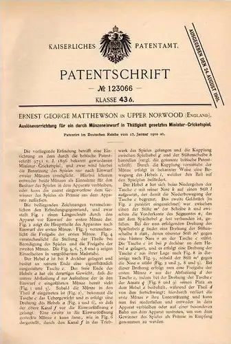 Original Patentschrift - Miniatur Cricket Game , 1900 , E. Matthewson in Upper Norwood , England !!!