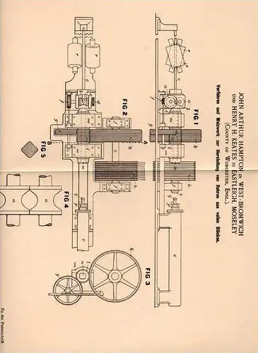 Original Patentschrift - J. Hampton in West Bromwich und Eastleigh , Moseley , 1899 , Walzwerk für Rohre !!!