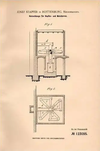 Original Patentschrift - J. Stapfer in Rottenburg a.d. Laaber , 1900, Heizschlange für Hopfen und Malz , Brauerei , Bier