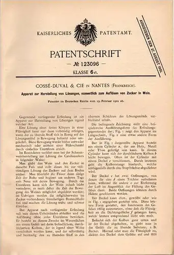 Original Patentschrift - Cossé - Duval & Cie in Nantes , 1901 , Apparat zum Auflösen von Zucker in Wein !!!