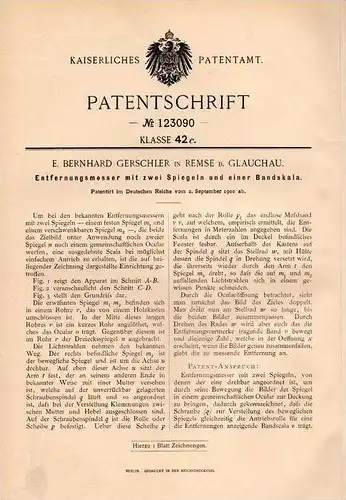 Original Patentschrift - E. Gerschler in Remse b. Glauchau , 1900 , Entfernungsmesser mit Spiegeln !!!