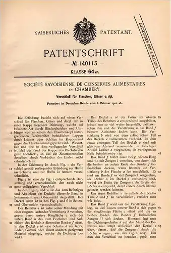 Original Patentschrift - Savoisienne de Conserves in Chambéry , 1902 , Verschluß für Flaschen und Gläser !!!