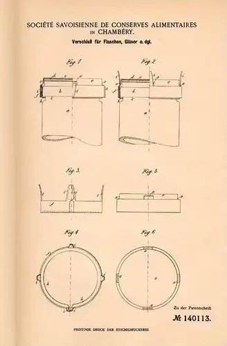 Original Patentschrift - Savoisienne de Conserves in Chambéry , 1902 , Verschluß für Flaschen und Gläser !!!