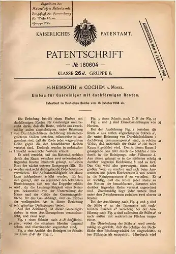 Original Patentschrift - H. Heimsoth in Cochem a. Mosel , 1904 , Gasreiniger mit Rosten !!!