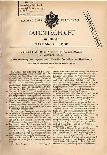 Original Patentschrift - O. Ostermann in Muskau , Oberlausitz ,1906, Bajonett - Verschluß für Zapfhahn , Bierfass , Bier