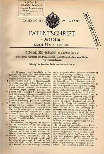 Original Patentschrift - C. Emmermann in Gescher i.W. , 1904, Apparat zum Läuten von Kirchenglocken , Glocke , Kirche !!
