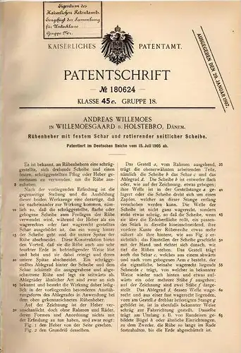Original Patentschrift - A. Willemoes in Willemoesgaard b. Holstebro , 1905 , Rübenheber mit Schar , Landwirtschaft !!!