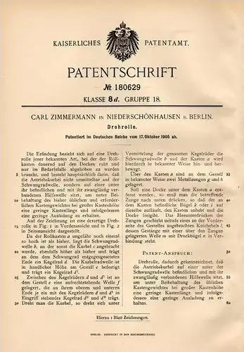 Original Patentschrift - C. Zimmermann in Niederschönhausen b. Berlin , 1905 , Drehrolle !!!