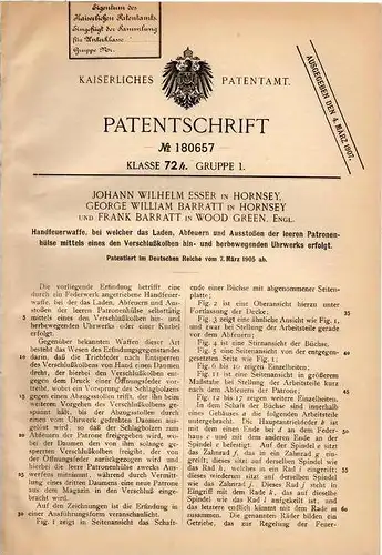 Original Patentschrift - J. Esser und F. Barratt in Hornsey und Wood Green ,1905, Feuerwaffe , Pistol , Gewehr , Pistole