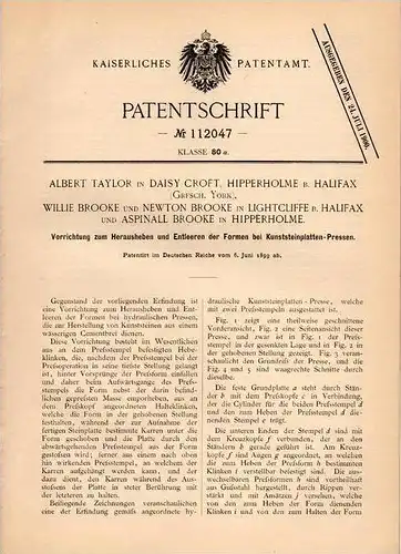 Original Patentschrift - N. Brooke in Lightcliffe und Hipperholme b. Halifax , 1899 . Apparat für Kunststein - Presse !!