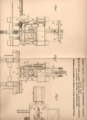 Original Patentschrift - N. Brooke in Lightcliffe und Hipperholme b. Halifax , 1899 . Apparat für Kunststein - Presse !!