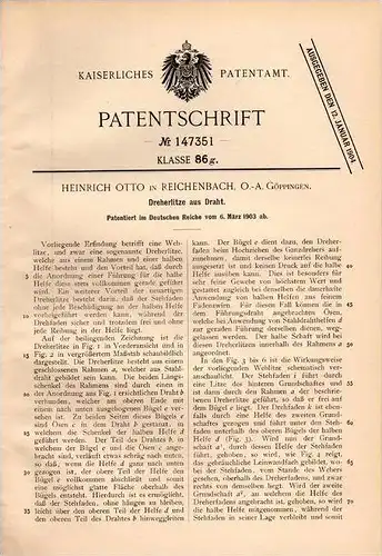 Original Patentschrift - H. Otto in Reichenbach a.d. Fils b. Göppingen , 1903 , Dreherlitze aus Draht !!!