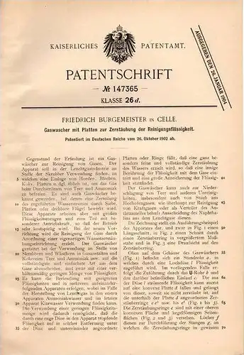Original Patentschrift - F. Burgemeister in Celle , 1906 , Gaswascher mit Zerstäuber , Leuchtgas !!!
