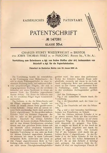 Original Patentschrift - J. Fiske in Pascoag , Rhode Island , USA , 1903 , Apparat zum Entwässern , Papier - Fabrikation