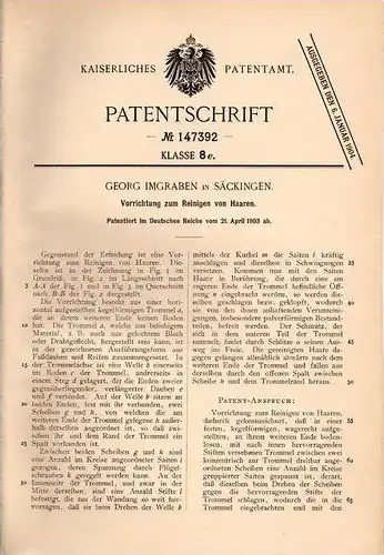 Original Patentschrift - G. Imgraben in Säckingen , 1903 , Apparat zum Reinigen von Haaren , Haar !!!