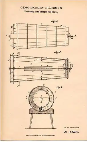 Original Patentschrift - G. Imgraben in Säckingen , 1903 , Apparat zum Reinigen von Haaren , Haar !!!