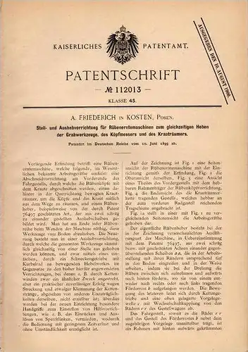Original Patentschrift - A. Friederich in Kosten i. Posen , 1899 , Apparat für Rüben - Erntemaschinen , Landwirtschaft !