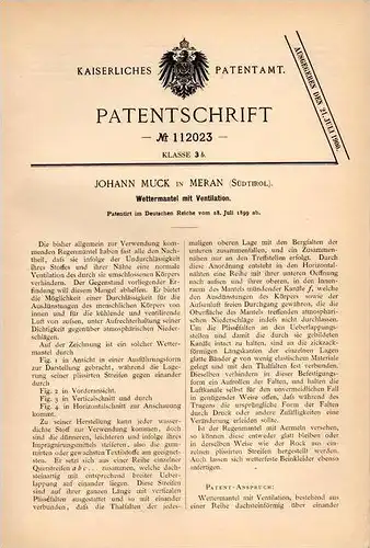 Original Patentschrift - J. Muck in Meran , Südtirol , 1899 , Wettermantel mit Ventilation , Mantel !!!