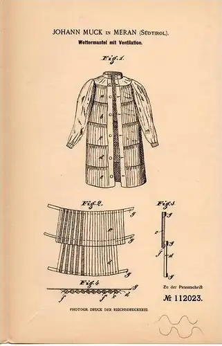 Original Patentschrift - J. Muck in Meran , Südtirol , 1899 , Wettermantel mit Ventilation , Mantel !!!