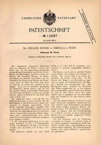 Original Patentschrift - Dr. Eduard Sonne in Oberlaa b. Wien , 1899 , Futtersack für Pferde , Pferd !!!
