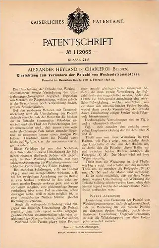 Original Patentschrift - A. Heyland in Charleroi , 1898 , Apparat für Wechselstrom - Motoren !!!
