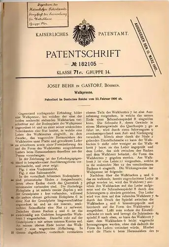 Original Patentschrift - J. Behr in Gastorf b. Raudnitz , 1906 , Walkpresse , Presse !!!