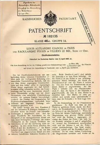 Original Patentschrift - R. Persin in Villiers le Bel , Seine et Oise , 1905 , Zündfunken - Induktor , Zündkerze !!!