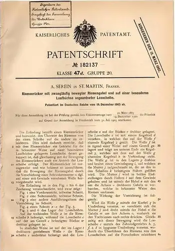 Original Patentschrift - A. Serein in St. Martin , b. Sélestat , 1905 , Riemenrücker mit Riemengabel !!!