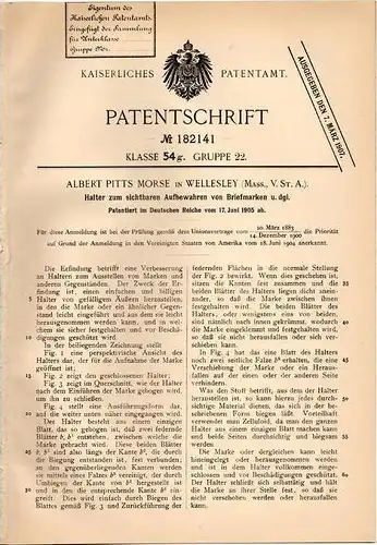 Original Patentschrift - Albert Morse in Wellesley , Mass., USA , 1905 , Halter für Briefmarken , Briefmarke !!!