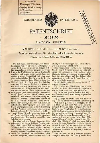 Original Patentschrift - M. Letroteur in Chauny , 1905 , Schutz für Stromleitungen , Electrizität !!!