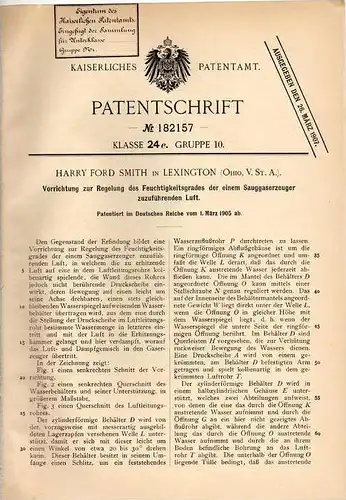 Original Patentschrift - H. Smith in Lexington , Ohio , USA , 1905 , Regler für Feuchtigkeit bei Saug - Gaserzeuger !!!