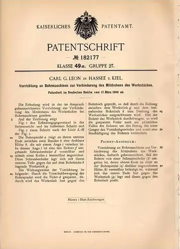 Original Patentschrift - C. Leon in Hassee b. Kiel , 1906 , Apparat für Bohrmaschinen !!!