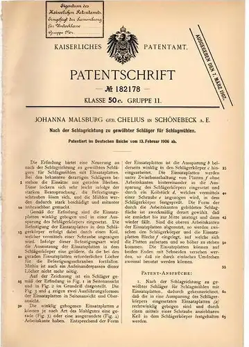 Original Patentschrift - J. Malsburg in Schönebeck a. E. , 1906 , Schläger für Schlagmühlen , Mühle !!!