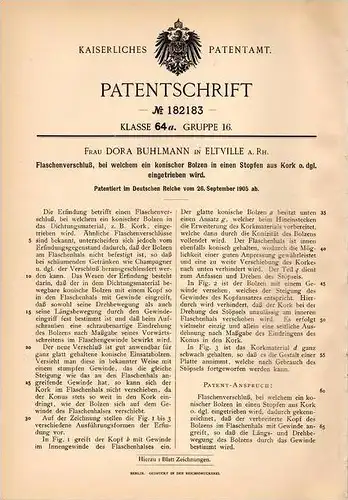 Original Patentschrift - Dora Buhlmann in Eltville a. Rhein , 1905 , Flaschenverschluß , Kork !!!