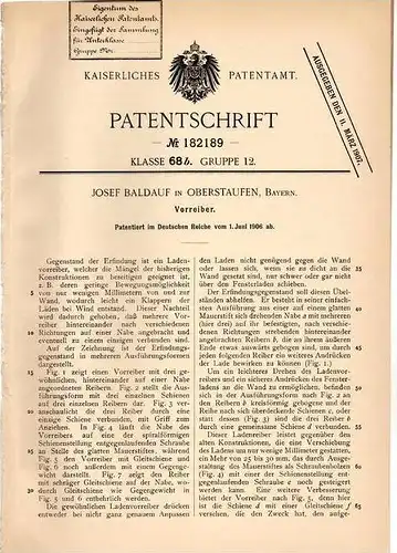 Original Patentschrift - J. Baldauf in Oberstaufen i. Bayern , 1906 , Vorreiber !!!