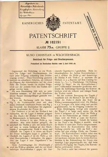 Original Patentschrift - Kuno christian in Wächtersbach , 1906 , Tisch für Prägepresse und Druckerpresse , Druckerei !!!