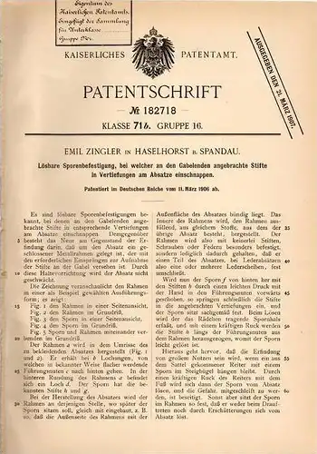 Original Patentschrift - E. Zingler in Haselhorst b. Spandau , 1906 , lösbare Befestigung für Sporen , Reiter , Pferd !!