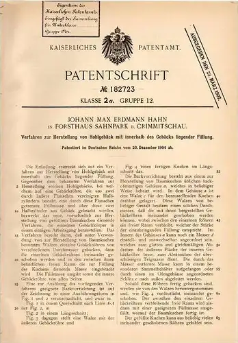 Original Patentschrift - J. Hahn in Forsthaus Sahnpark b. Crimmitschau ,1904, Hohlgebäck mit Füllung , Gebäck , Bäckerei