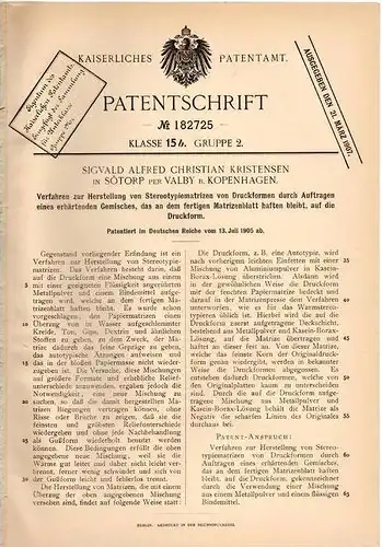 Original Patentschrift - S. Kristensen in Sötorp per Valby b. Kopenhagen , 1905 , Stereotypiematrizen für Druckform !!!