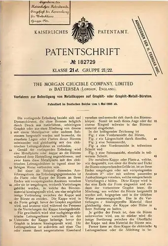 Original Patentschrift - The Morgan Crucible Ltd. in Battersea , England , 1906 , Metallkappen auf Graphit !!