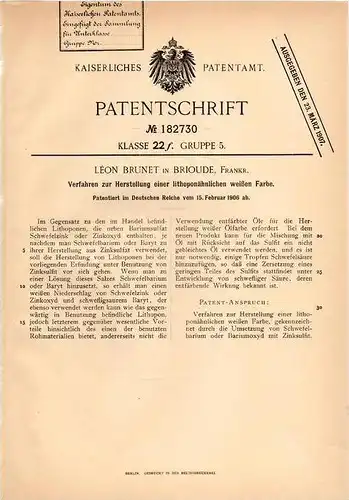 Original Patentschrift - Léon Brunet in Brioude , 1906 , Herstellung weißer Farbe , Lithopon !!!