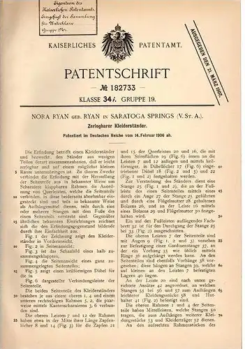 Original Patentschrift - Nora Ryan in Saratoga Springs , USA , 1906 , zerlegbarer Kleiderständer , Garderobe !!!