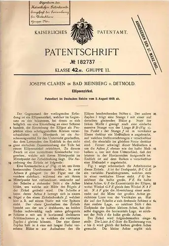 Original Patentschrift - J. Claren in Bad Meinberg b. Detmold , 1905 , Ellipsenzirkel , Zirkel , Geometrie !!!