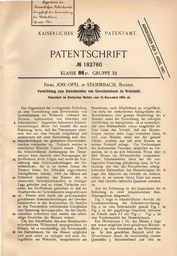 Original Patentschrift - Johann Opel in Stammbach i. Bayern , 1905 , Apparat zum Zerschneiden von Gewebe im Webstuhl !!!