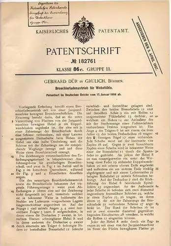 Original Patentschrift - Gebhardt Dür in Grulich , Böhmen , 1906 , Broschierantrieb für Webstuhl , Weberei !!!