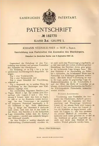Original Patentschrift - J. Steinhäusser in Hof a. Saale , 1906 , Meßapparat für Oberkörper , Körper , Anatomie !!!