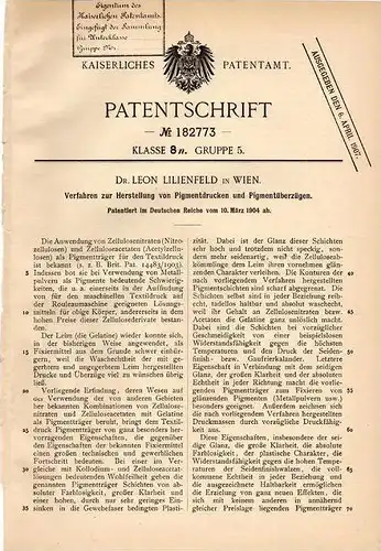 Original Patentschrift - Dr. Leon Lilienfeld in Wien , 1904 , Herstellung von Pigmentdrucken , Pigmente , Druck  !!!