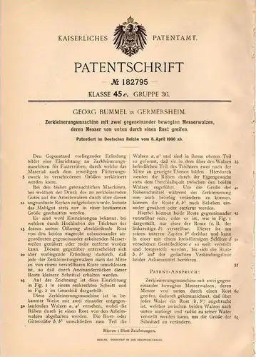 Original Patentschrift - G. Bummel in Germersheim , 1906 , Zerkleinerungsmaschine !!!