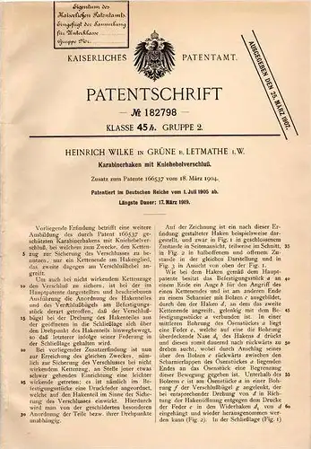 Original Patentschrift - H. Wilke in Grüne b. Letmathe i.W., 1905 , Karabiner mit Kniehebelverschluß !!!