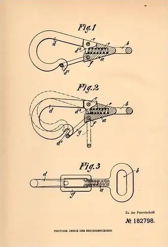 Original Patentschrift - H. Wilke in Grüne b. Letmathe i.W., 1905 , Karabiner mit Kniehebelverschluß !!!